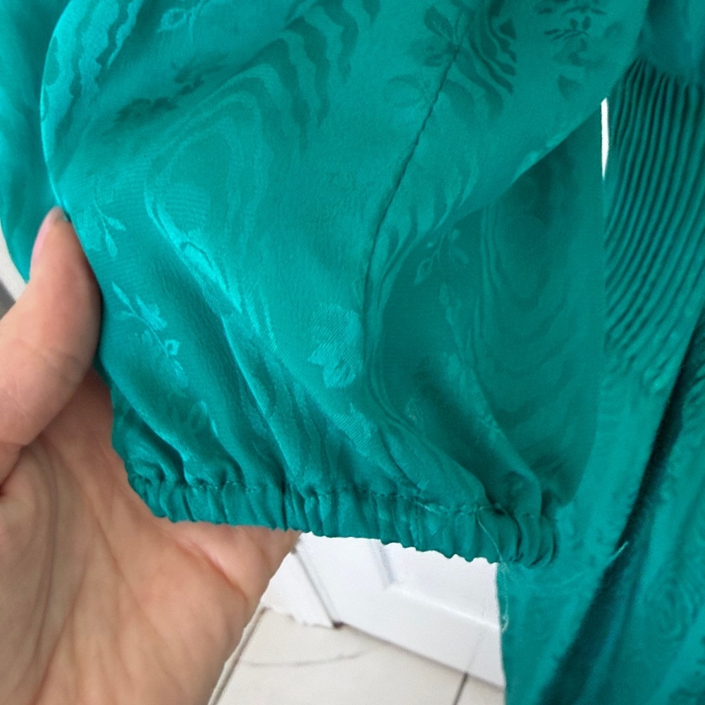 Vintage USA Garment Union Tag Pure Silk Teal Puff Sleeve Pleat Midi Dress Floral - Picture 7 of 13